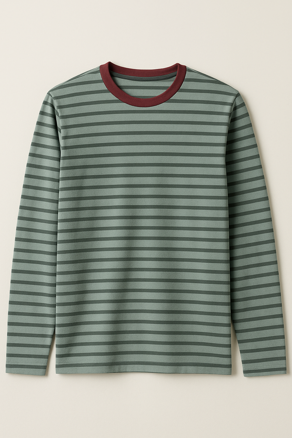 Longesleeve gestreept groen met bordeauxrode boord